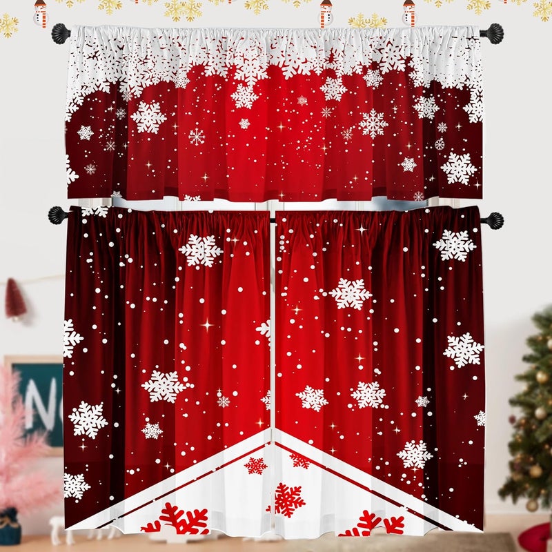 SUNWISHA Christmas Snowflake Curtain Valance Set - Red Gradient Dancing Snowflakes - Festive Kitchen/Bedroom Windows Decor - 52x18 & 36x26 inch - Image 1